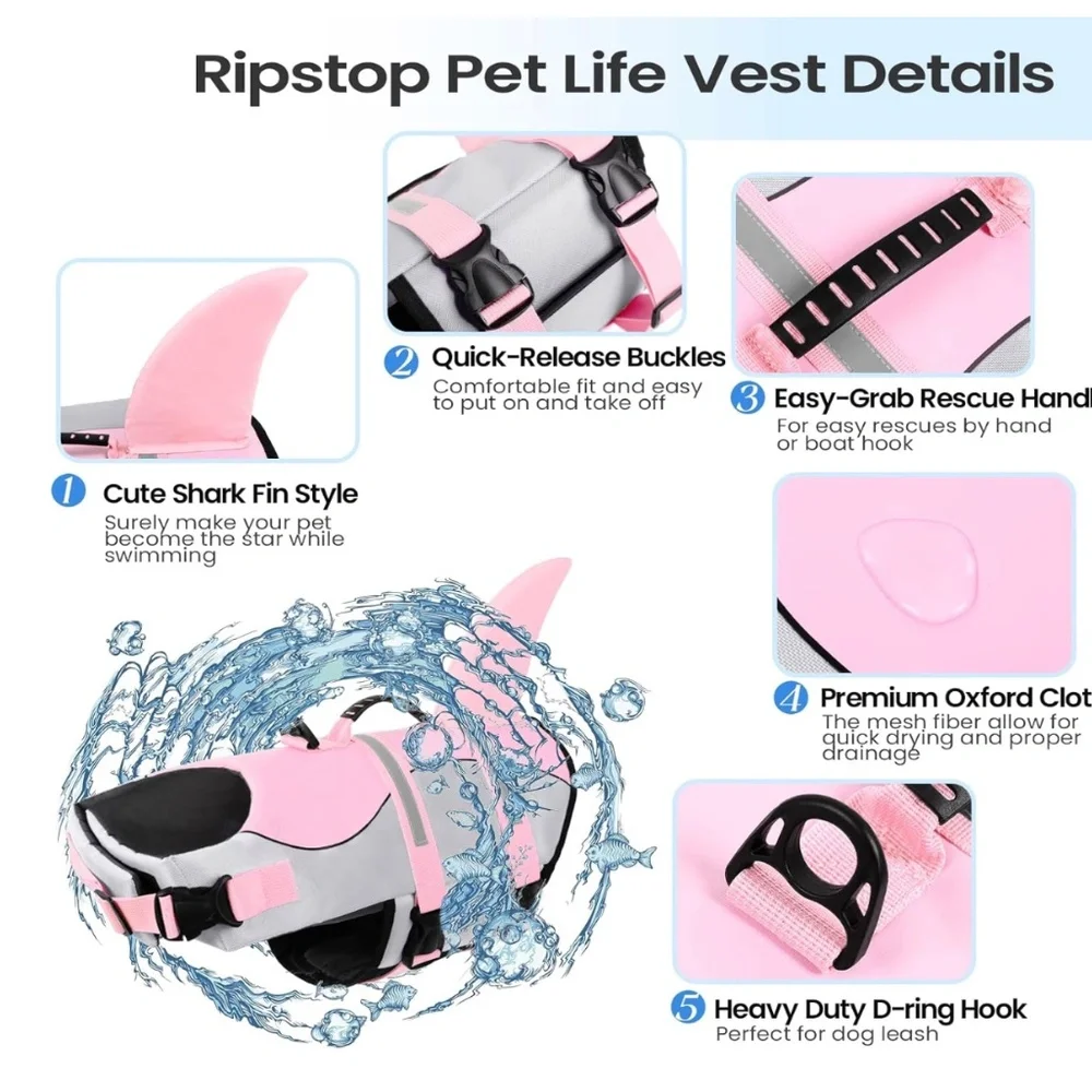 Dog Life Jacket Vest (Pink‎ & Gray Shark Fin) w/Rescue Handle NWOT